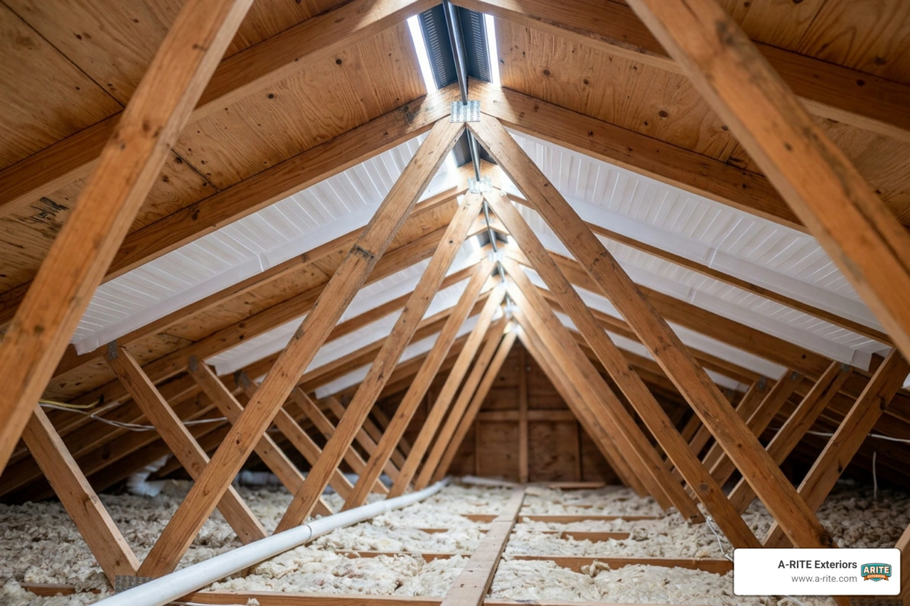 Attic space showing intake baffles and ridge vent for balanced roof ventilation Attic space showing intake baffles and ridge vent for balanced roof ventilation