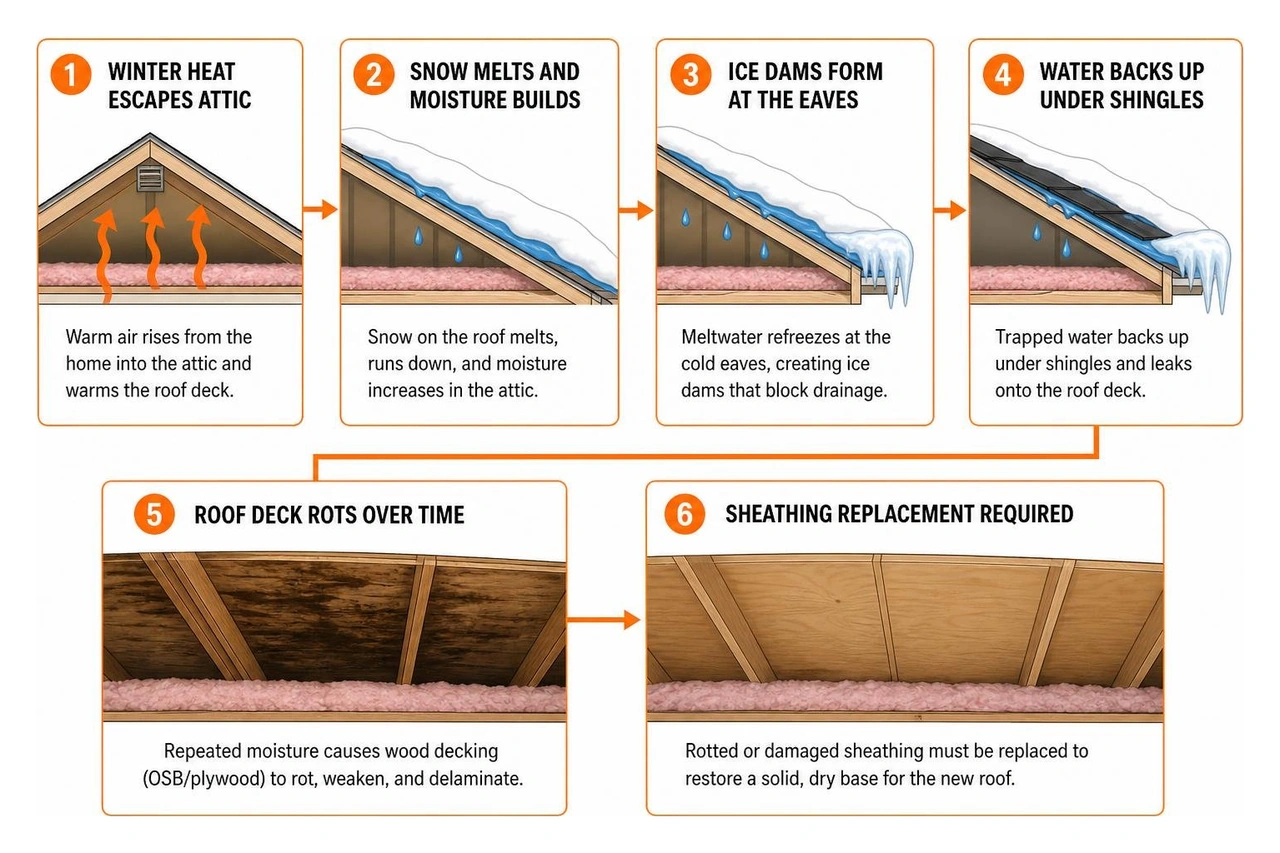 Diagram showing how winter attic moisture and ice dams lead to roof deck rot requiring sheathing replacement Diagram showing how winter attic moisture and ice dams lead to roof deck rot requiring sheathing replacement