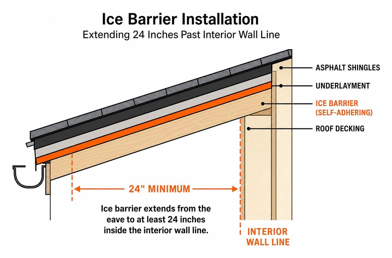 Diagram of ice barrier installation extending 24 inches past interior wall line Diagram of ice barrier installation extending 24 inches past interior wall line