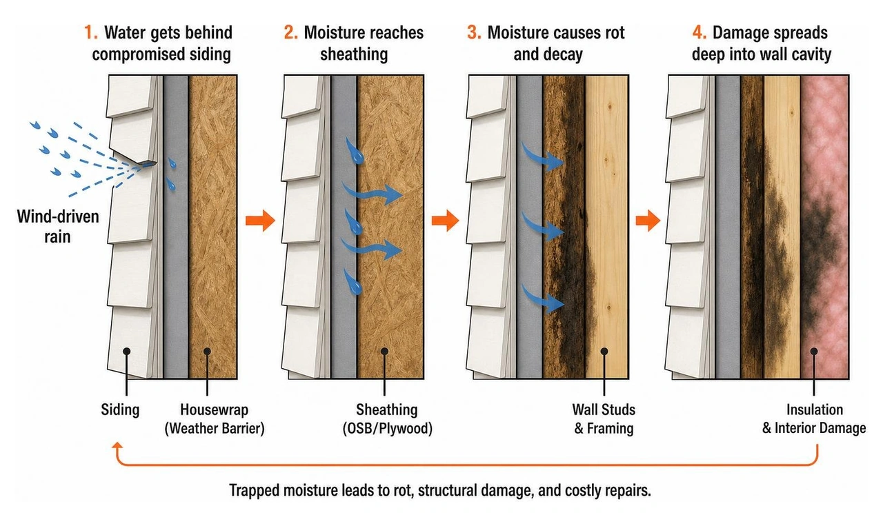 Diagram of water intrusion pathway behind compromised siding and sheathing Diagram of water intrusion pathway behind compromised siding and sheathing