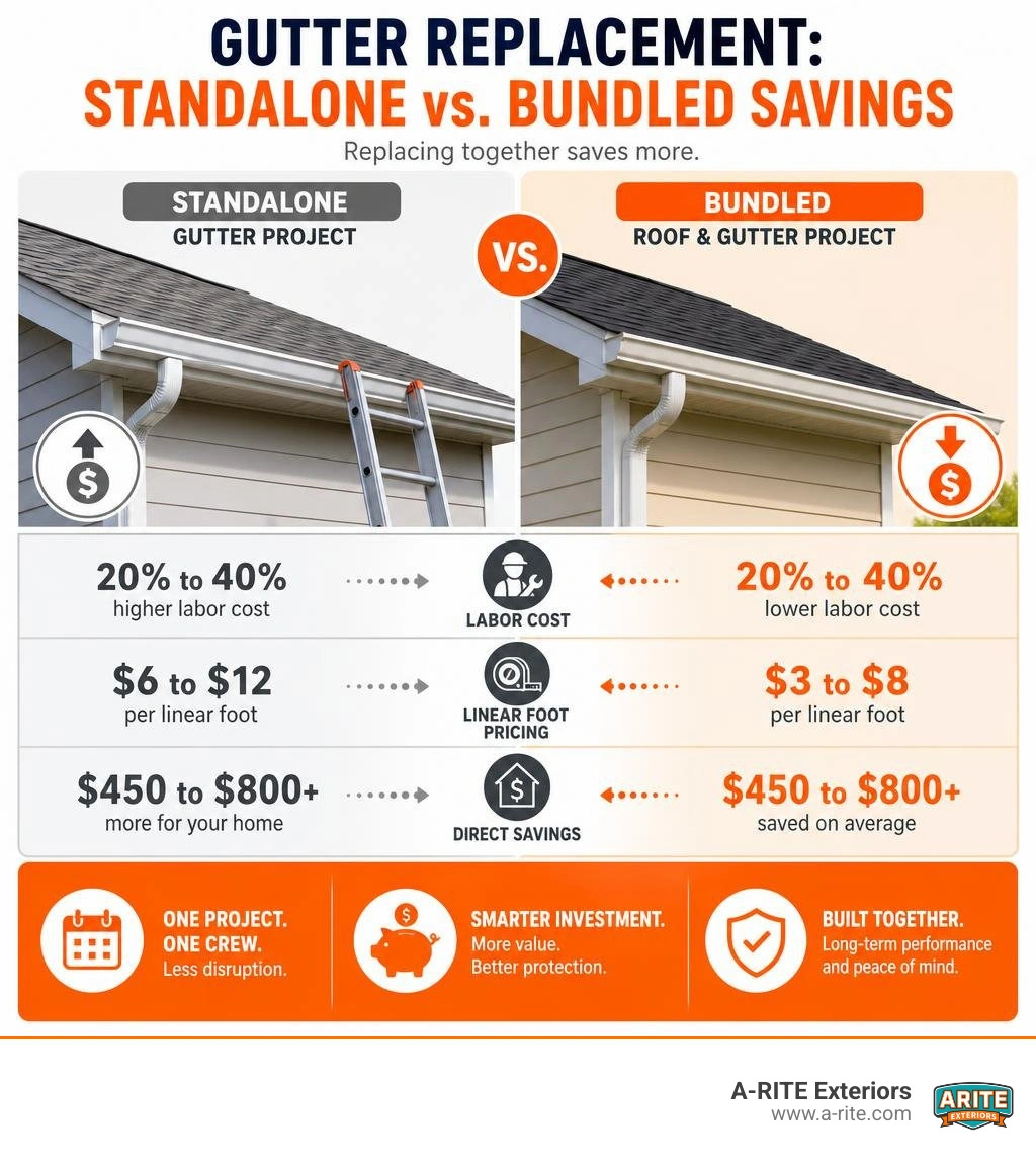 Infographic comparing standalone gutter installation costs against bundled roof and gutter replacement savings infographic