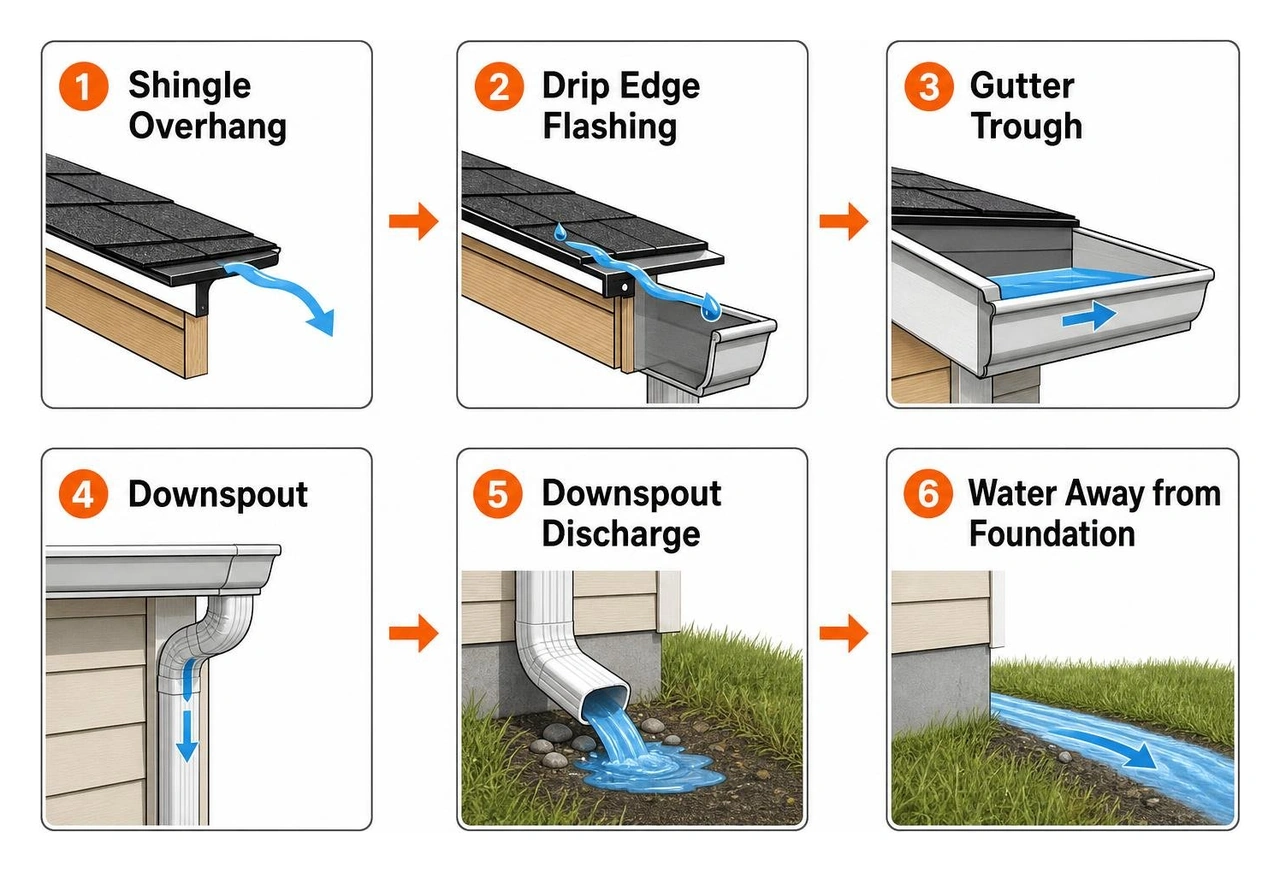 Diagram showing the complete roof edge water-shedding sequence from shingle overhang to downspout discharge