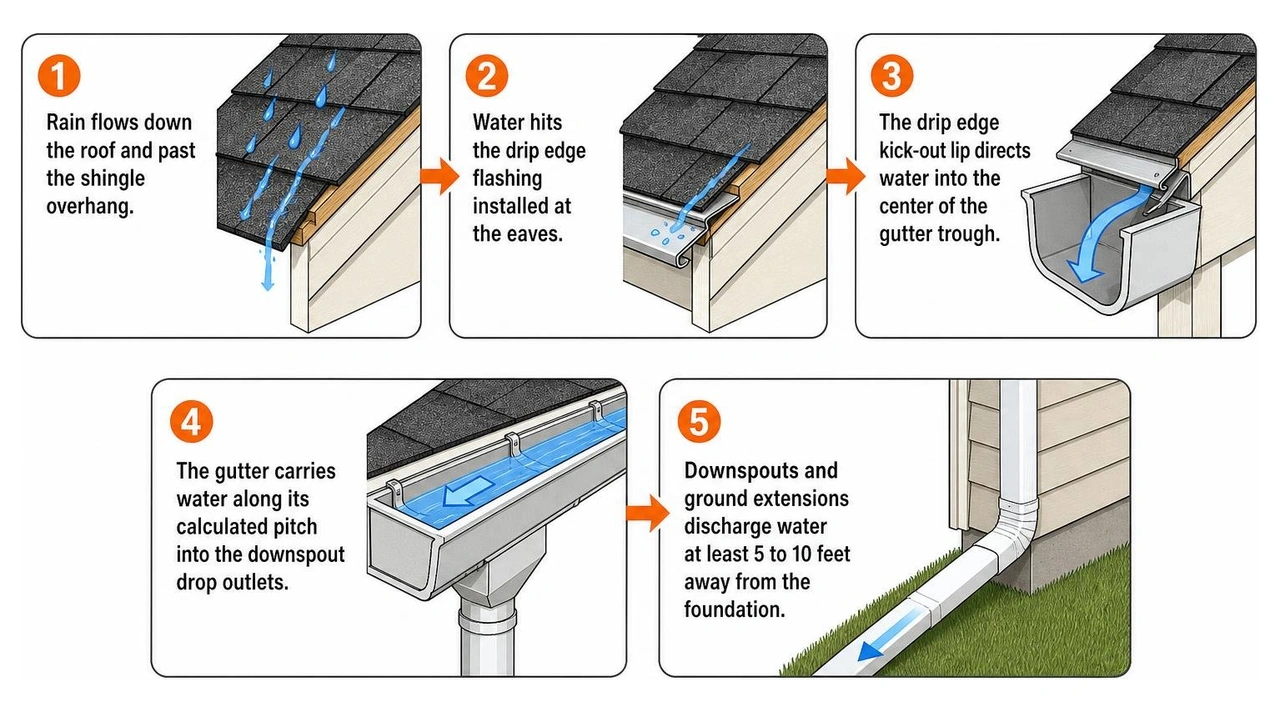 Diagram detailing water flow from shingles and drip edge directly into the center of a seamless gutter trough