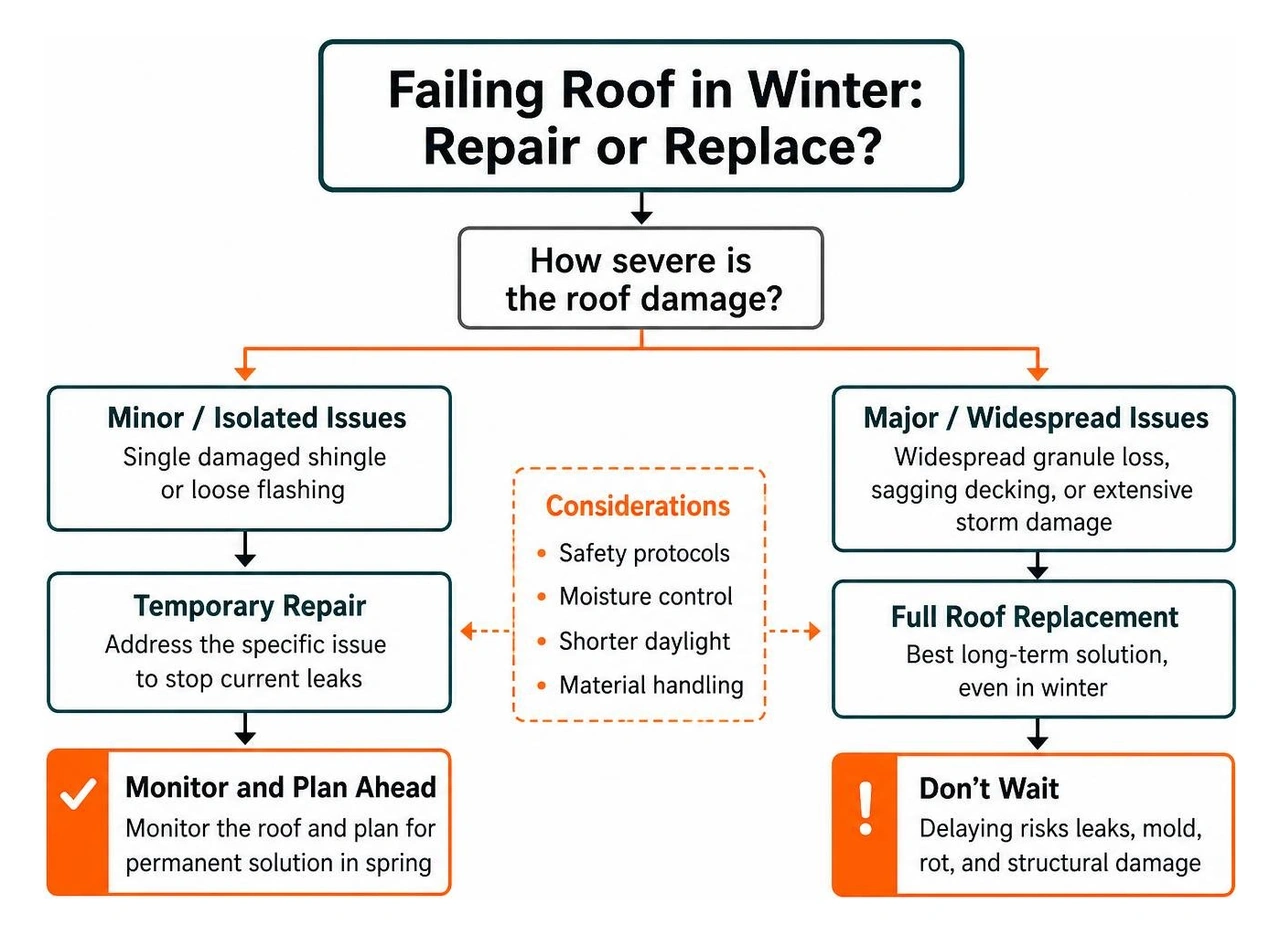Decision process for repairing vs replacing a failing roof in winter Decision process for repairing vs replacing a failing roof in winter