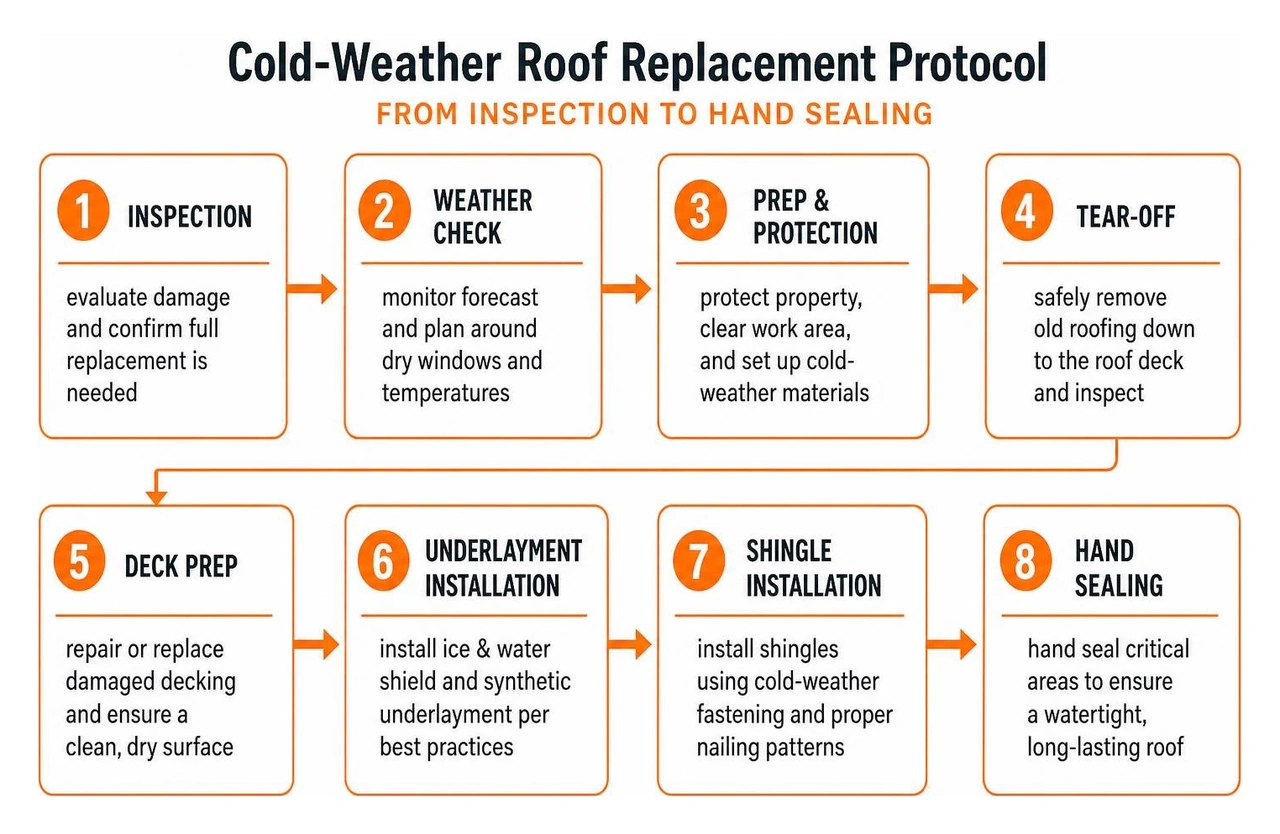 Cold-weather roof replacement protocol sequence from inspection to hand sealing Cold-weather roof replacement protocol sequence from inspection to hand sealing