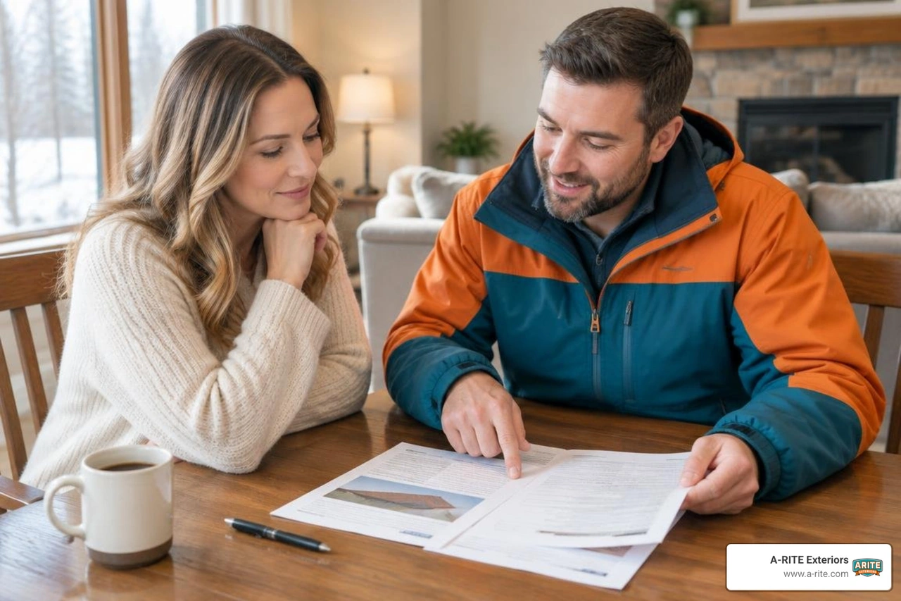Homeowner reviewing an itemized roofing contract and cold-weather work scope with an exterior contractor Homeowner reviewing an itemized roofing contract and cold-weather work scope with an exterior contractor
