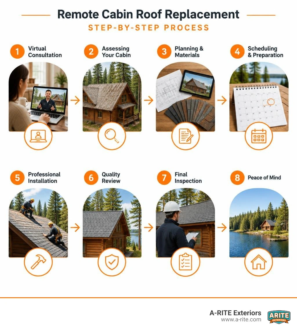Complete step-by-step remote cabin roof replacement process from virtual consultation to final inspection infographic Complete step-by-step remote cabin roof replacement process from virtual consultation to final inspection infographic