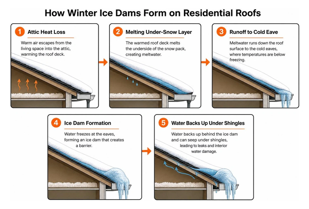 Step-by-step formation of winter ice dams on residential roofs