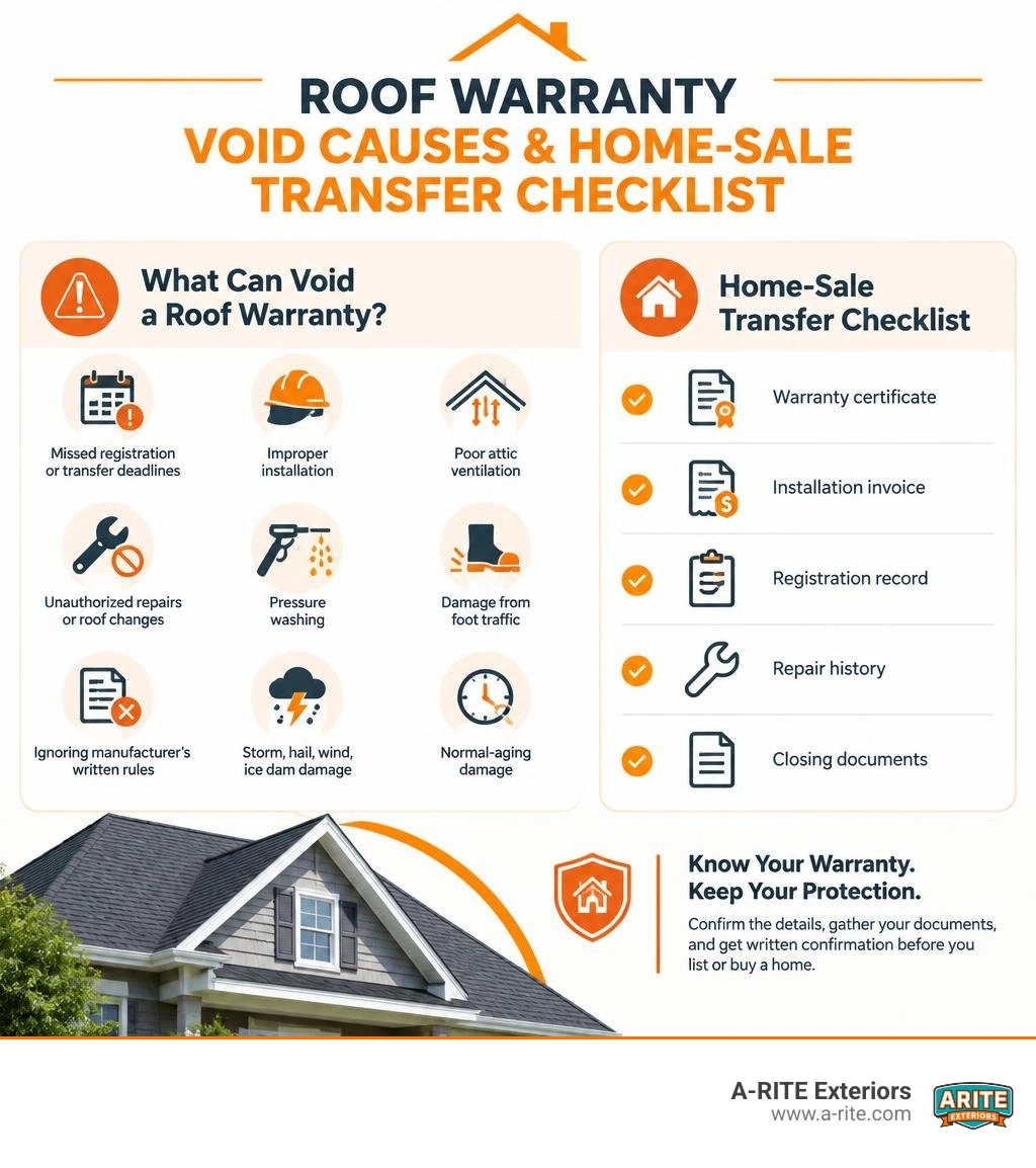 Roof warranty void causes and home-sale transfer checklist infographic Roof warranty void causes and home-sale transfer checklist infographic