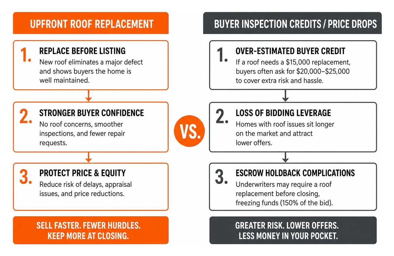 Comparison of upfront roof replacement vs buyer inspection credits Comparison of upfront roof replacement vs buyer inspection credits
