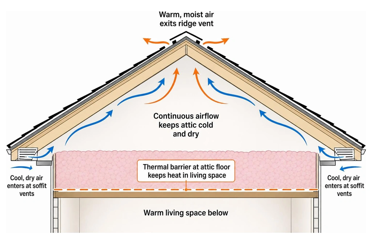 Attic thermal barrier and ventilation airflow Attic thermal barrier and ventilation airflow