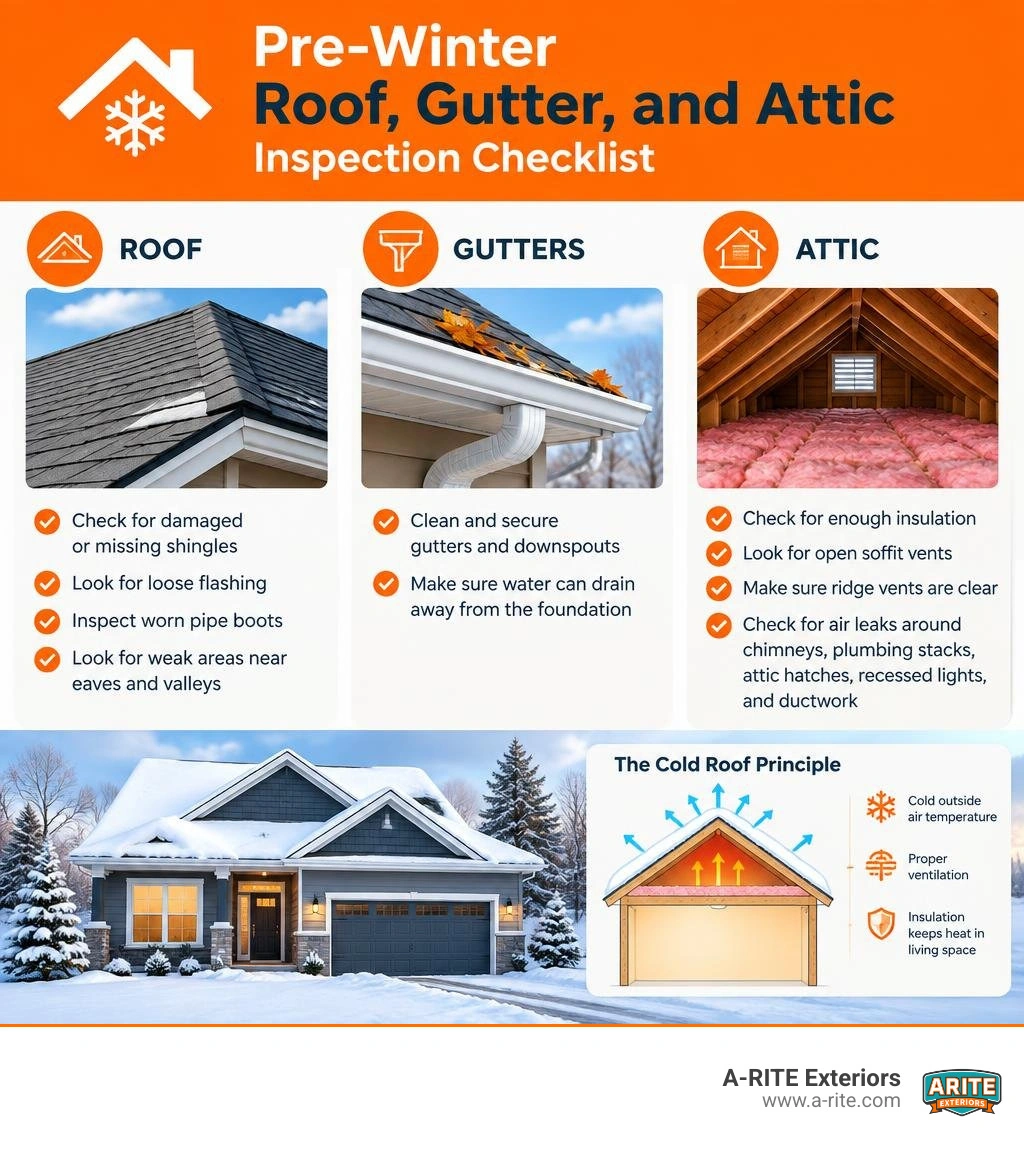 Pre-winter roof, gutter, and attic inspection checklist infographic Pre-winter roof, gutter, and attic inspection checklist infographic