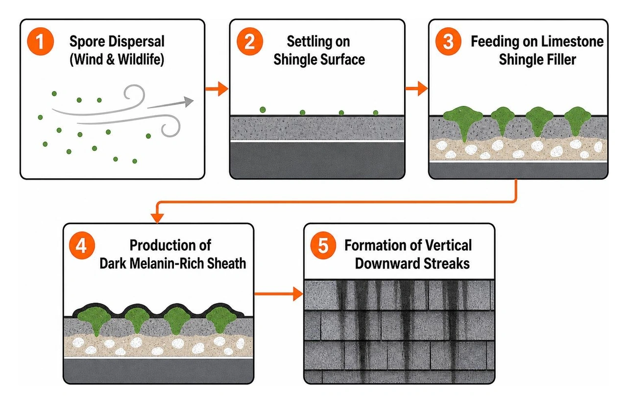 Lifecycle of Gloeocapsa magma algae on asphalt shingles from spore landing to dark streak formation