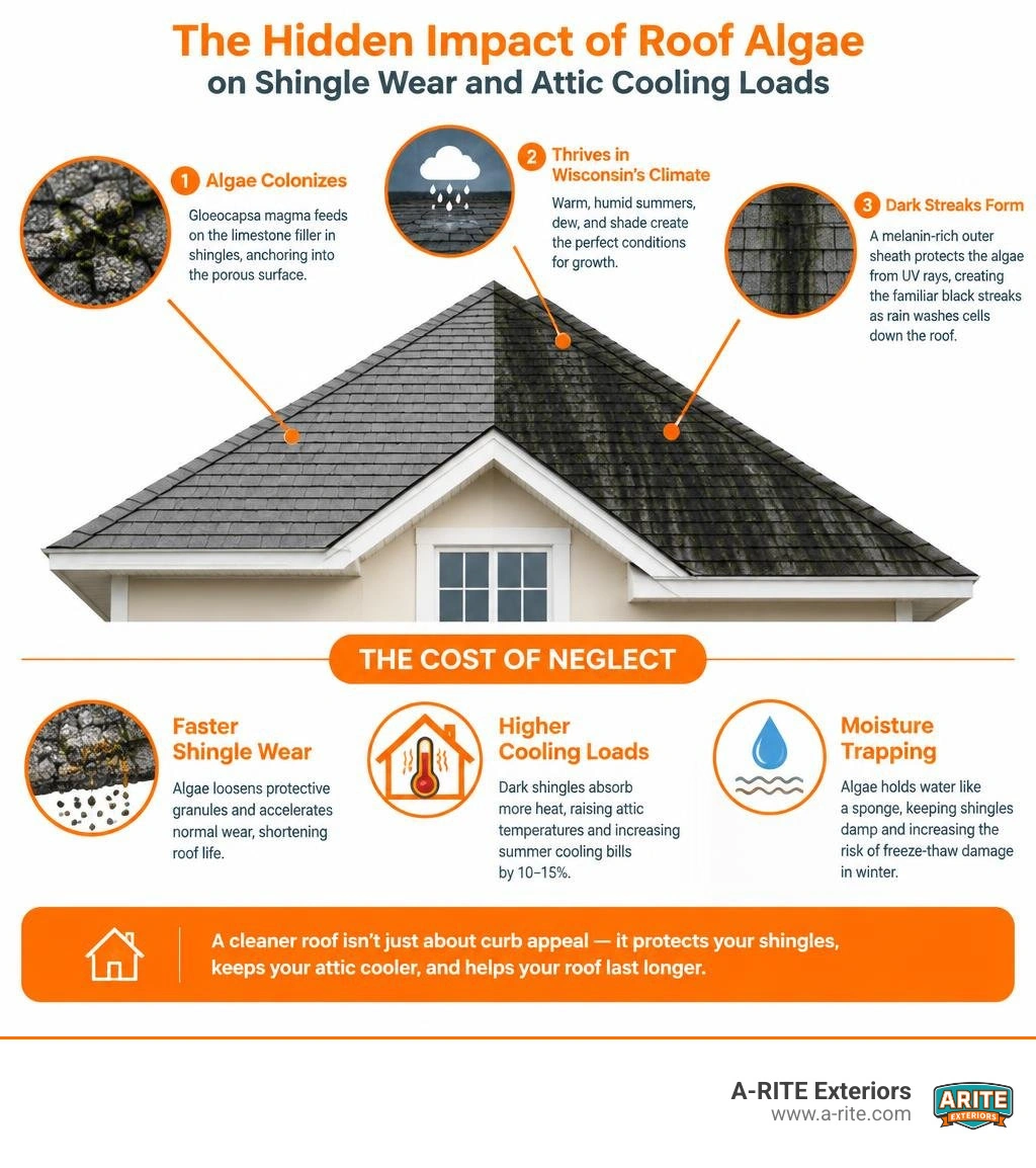 Impact of uncleaned roof algae on shingle wear and attic cooling loads infographic