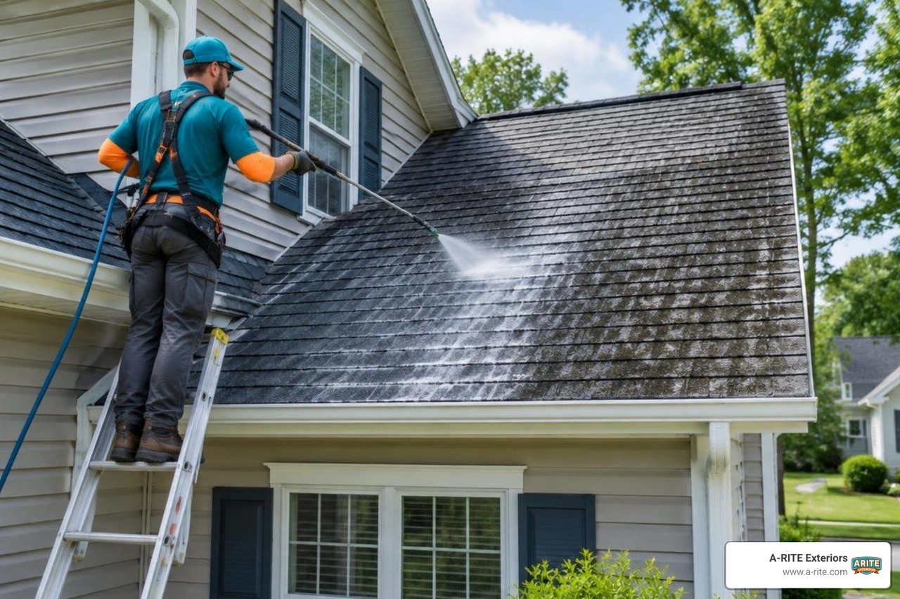 Professional soft washing equipment applying a low-pressure cleaning solution to roof shingles