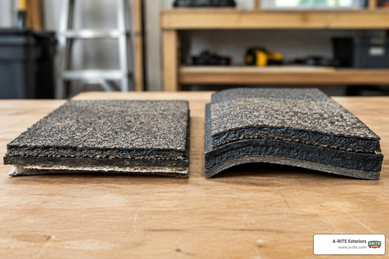 Cross section comparison of polymer modified asphalt shingle backing versus standard architectural shingle Cross section comparison of polymer modified asphalt shingle backing versus standard architectural shingle