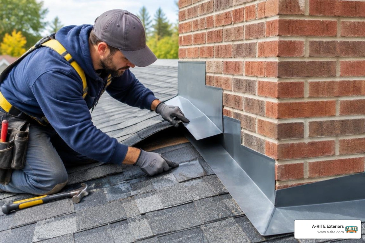 Roofing contractor carefully lifting shingles and installing new metal step flashing along a chimney wall Roofing contractor carefully lifting shingles and installing new metal step flashing along a chimney wall