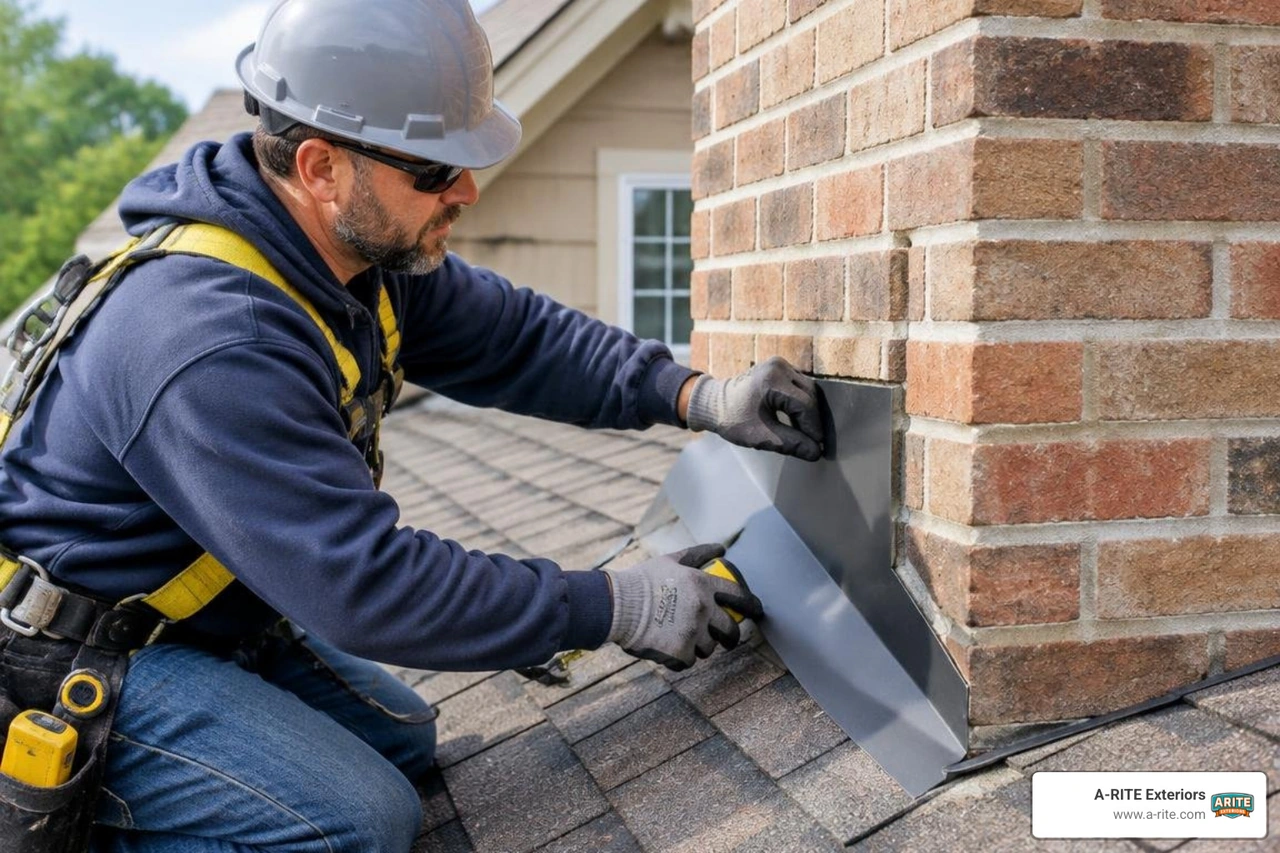 Professional roofing technician measuring and installing custom metal counter flashing on a home Professional roofing technician measuring and installing custom metal counter flashing on a home
