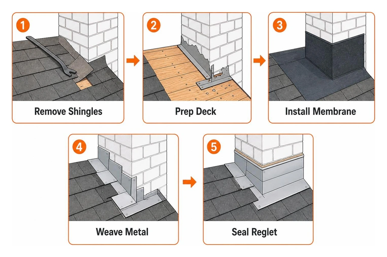 Step-by-step process diagram of flashing replacement: removing shingles, prepping deck, installing membrane, weaving metal Step-by-step process diagram of flashing replacement: removing shingles, prepping deck, installing membrane, weaving metal