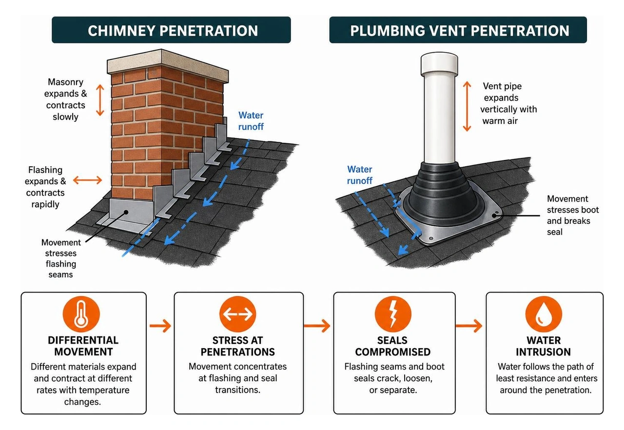 Diagram showing thermal expansion forces and water runoff around chimney and plumbing vent penetrations Diagram showing thermal expansion forces and water runoff around chimney and plumbing vent penetrations