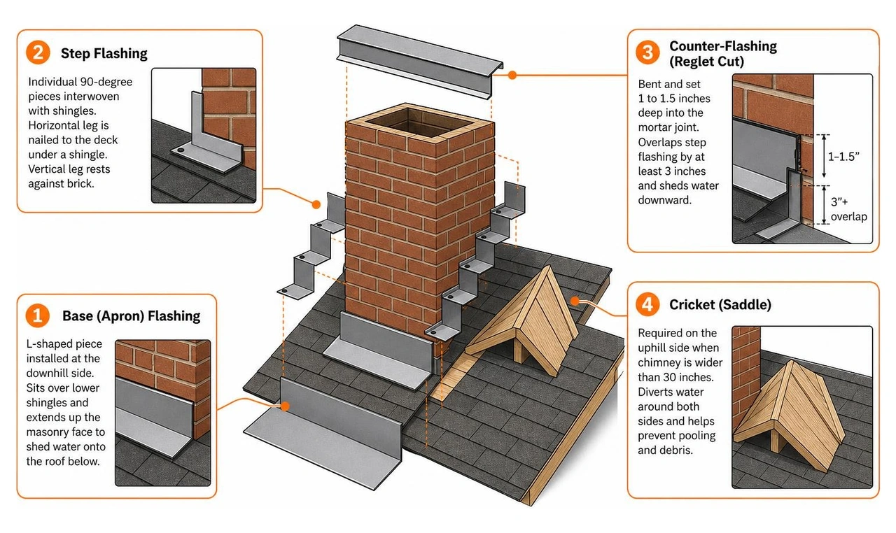 Exploded diagram showing base flashing, step flashing, counter flashing reglet cut, and cricket structure on a chimney Exploded diagram showing base flashing, step flashing, counter flashing reglet cut, and cricket structure on a chimney