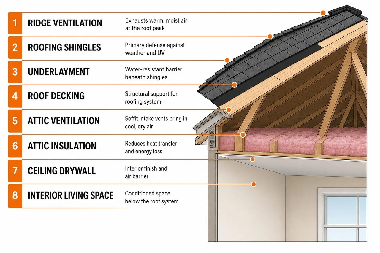 Framework of complete roofing system components from decking to ridge ventilation Framework of complete roofing system components from decking to ridge ventilation