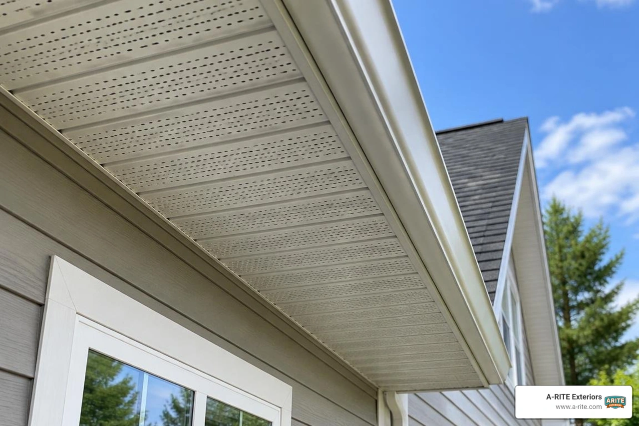 Perforated vented aluminum soffit panels facilitating continuous intake airflow Perforated vented aluminum soffit panels facilitating continuous intake airflow