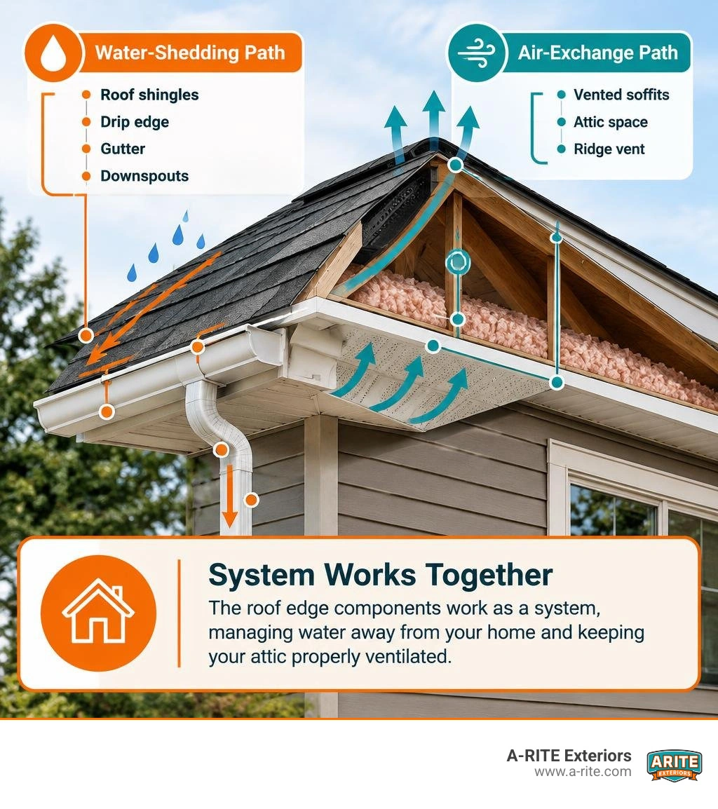 Airflow and water-shedding cycle between gutters, drip edge, fascia board, and vented soffits Airflow and water-shedding cycle between gutters, drip edge, fascia board, and vented soffits