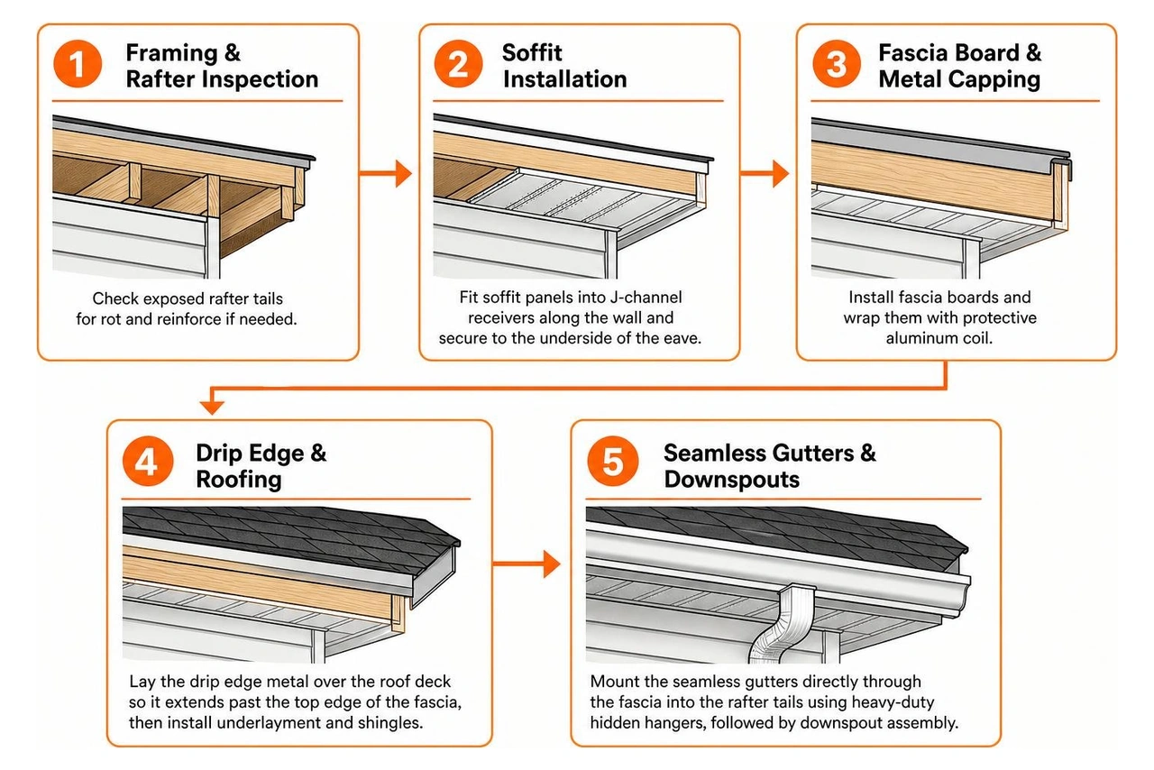 Installation sequence for roof, soffits, fascia capping, drip edge, and gutters Installation sequence for roof, soffits, fascia capping, drip edge, and gutters
