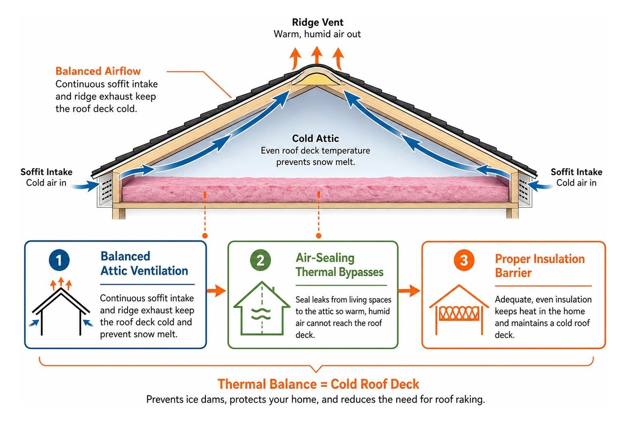 Attic airflow, insulation barrier, and roof deck thermal balance diagram