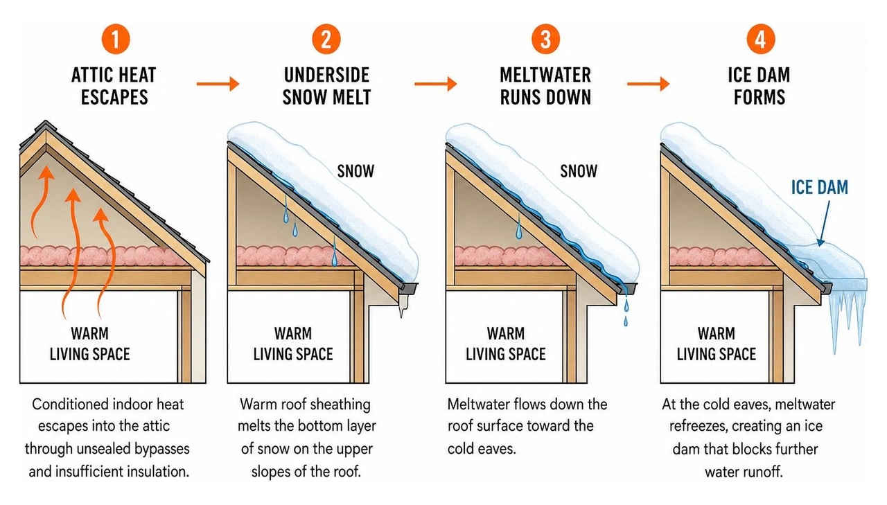 Attic heat escape, snow melting, and ice dam formation along cold roof eaves