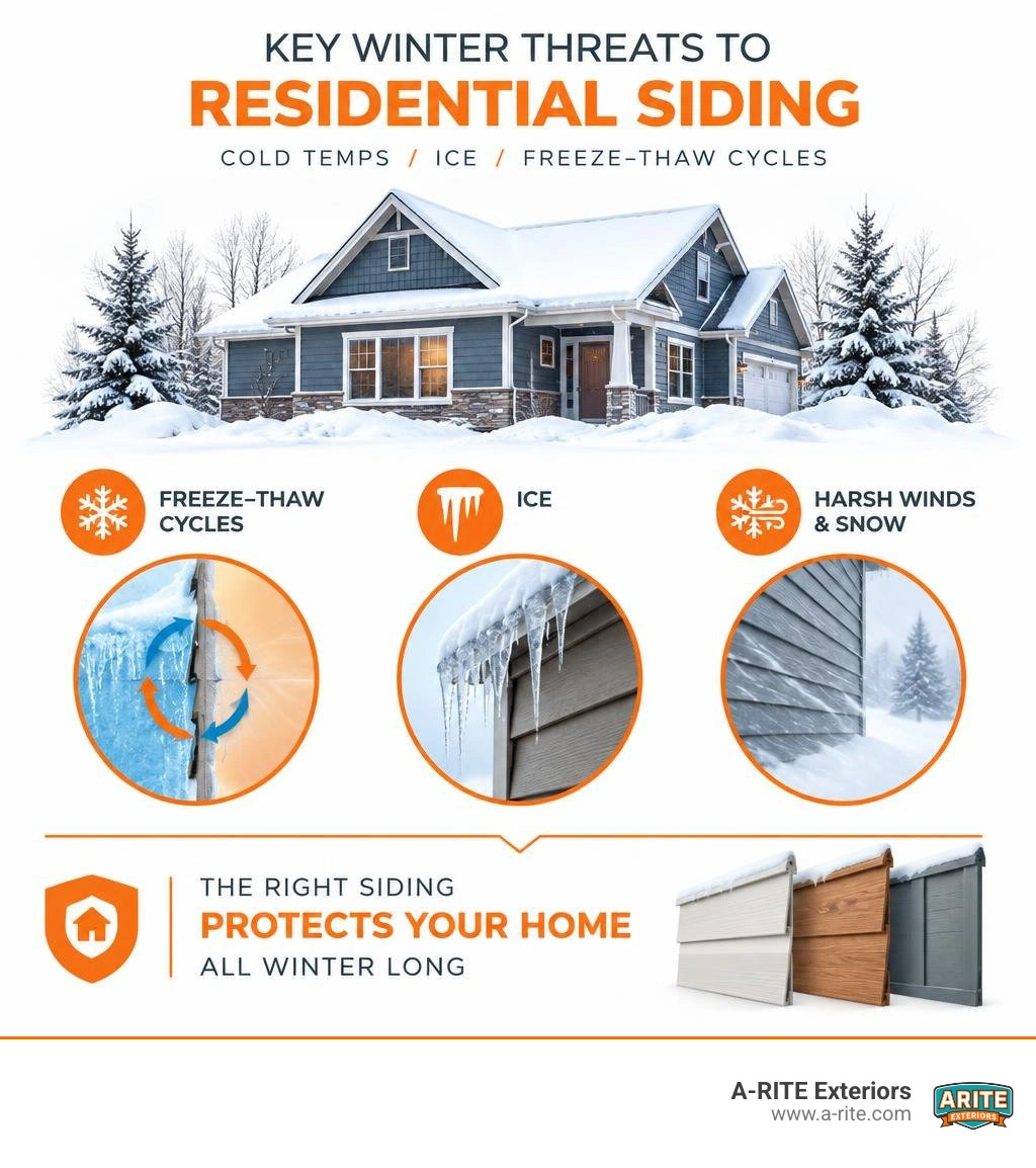Infographic showing key winter threats to residential siding including freeze thaw cycles and ice infographic Infographic showing key winter threats to residential siding including freeze thaw cycles and ice infographic