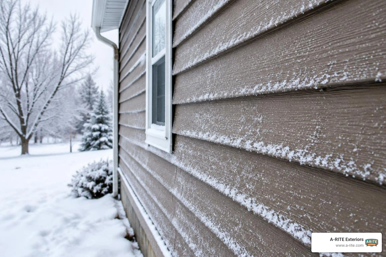 Close up of durable siding panels holding up in sub-zero winter weather Close up of durable siding panels holding up in sub-zero winter weather