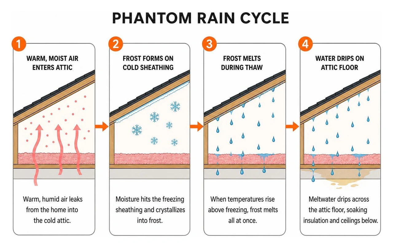 Diagram showing phantom rain cycle where frost melts on sheathing and drips onto attic floor