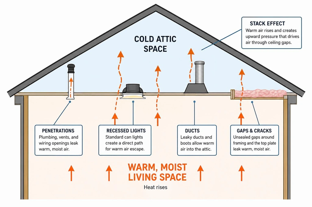 Diagram showing stack effect air leakage pathways from living space into cold attic space