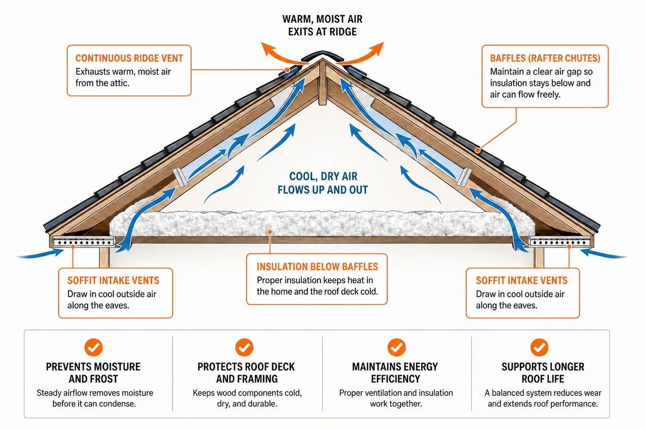 Diagram showing balanced soffit-to-ridge attic ventilation airflow with proper baffles