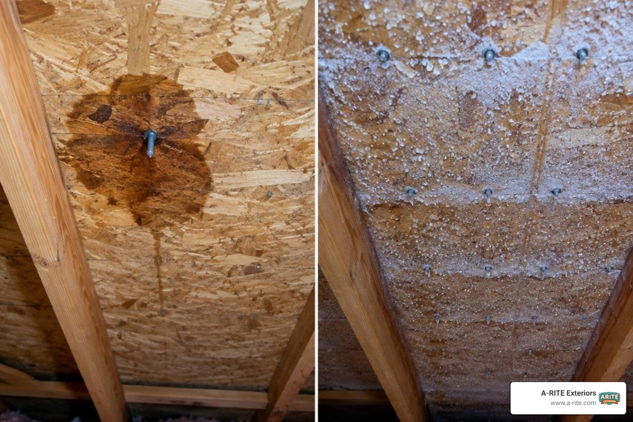 Water staining patterns comparing isolated roof leaks to widespread condensation frost