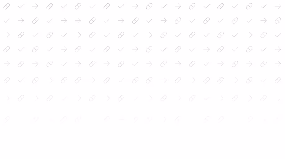 Pattern of faint gray icons including arrows, check marks, and capsules arranged in a grid on a white background.