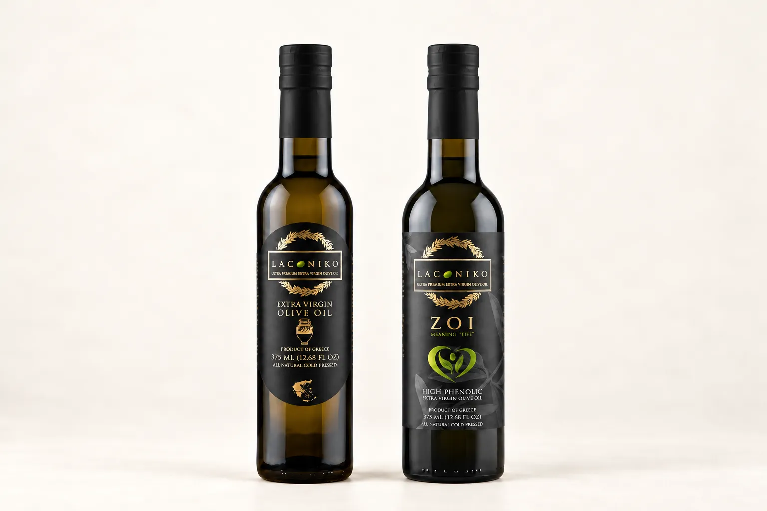 Laconiko Original and ZOI, both 375 mL, shown at equal display height