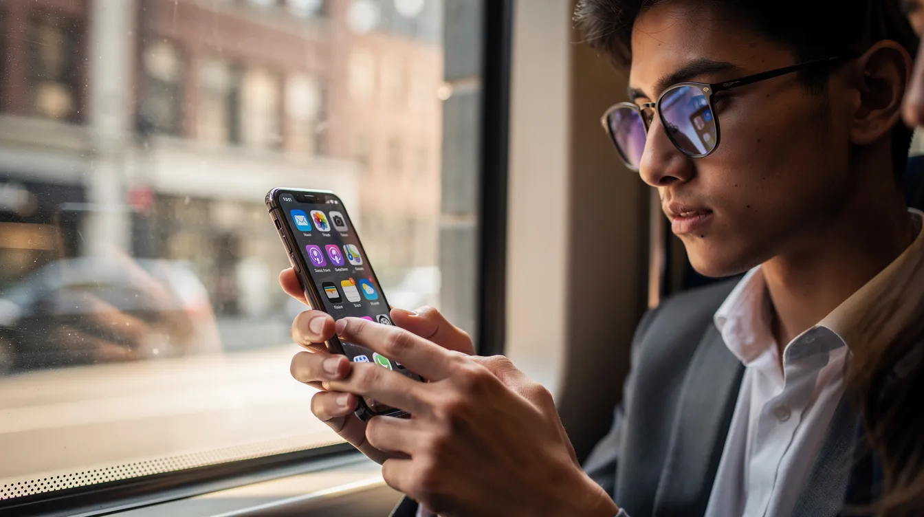 A person is commuting while actively using a smartphone, engaged with various mobile apps that may involve multiple AI agents to tackle complex tasks. The individual appears focused on their screen, likely utilizing intelligent agents to automate routine tasks and enhance their experience during the commute.