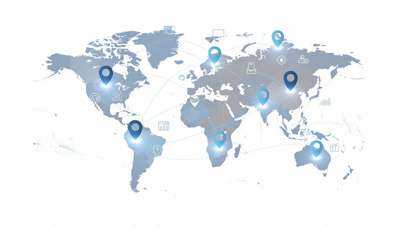 The image depicts a global business concept featuring a world map adorned with multiple location markers, symbolizing various points of interest in international trade. This visual emphasizes the importance of automated invoice processing and invoice management in facilitating global transactions and enhancing efficiency across different regions.