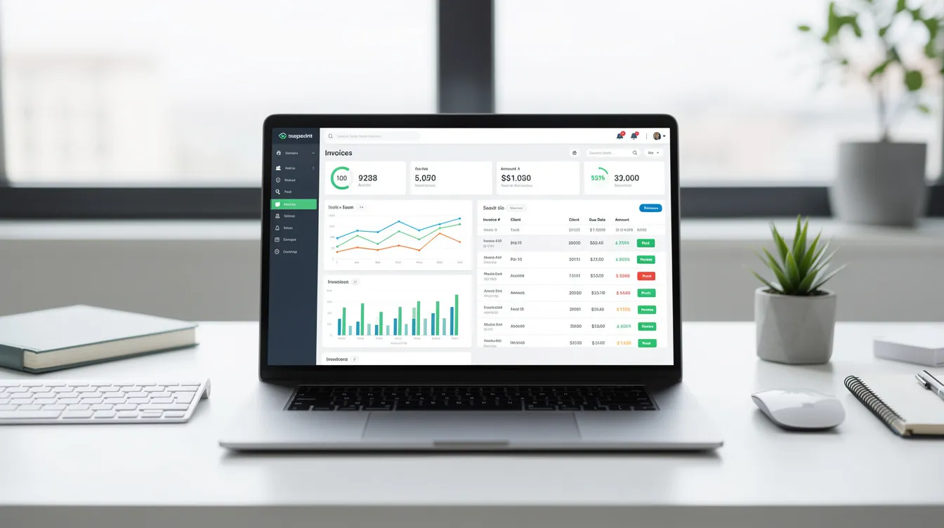 The image depicts a modern office desk featuring a laptop that displays a financial dashboard and an invoice management interface, showcasing automated invoice processing software. This setup highlights the benefits of invoice automation, such as efficient data entry and streamlined approval processes for timely payments.