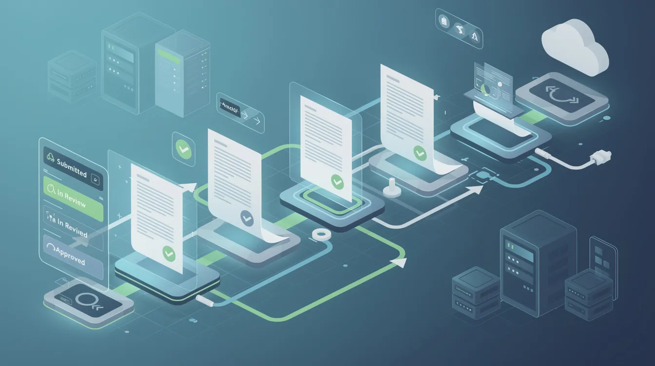 The image depicts a digital workflow illustrating documents moving through various automated checkpoints and approval stages, showcasing the process of automated invoice processing. This visual representation highlights the efficiency of invoice automation software in managing invoice data and streamlining the approval process.
