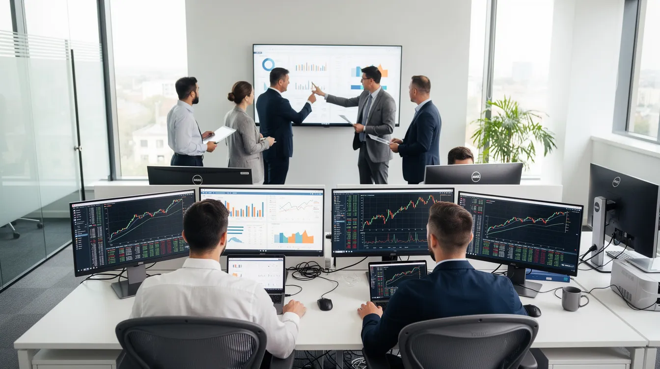 A finance team is collaborating in a modern open office setting, surrounded by multiple monitors displaying various financial data and invoice processing workflows. The atmosphere is dynamic as team members engage in discussions about automated invoice processing and the benefits of invoice automation software to improve efficiency and reduce manual data entry.