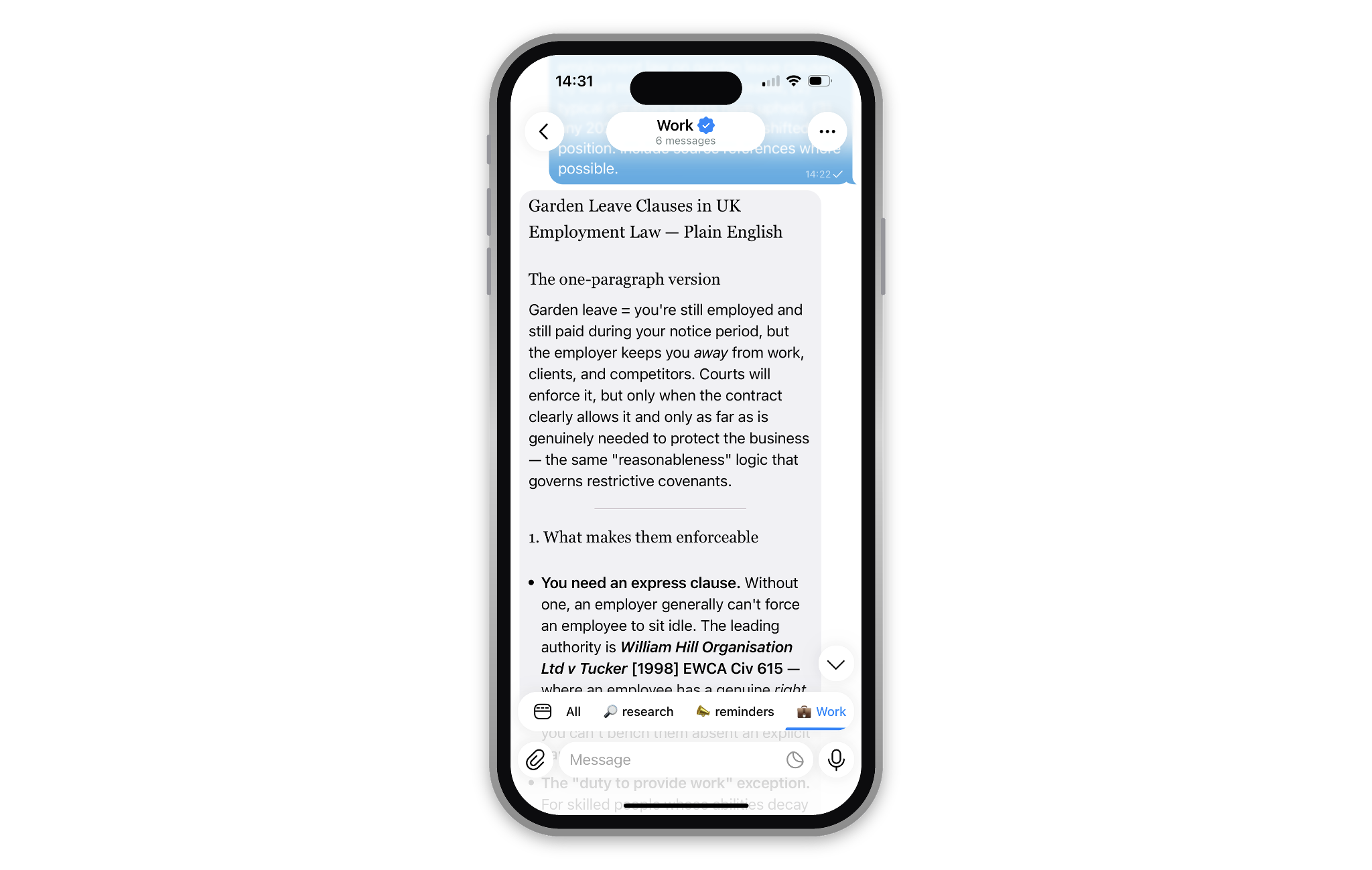 Mira AI agent in Telegram helping with AI legal research