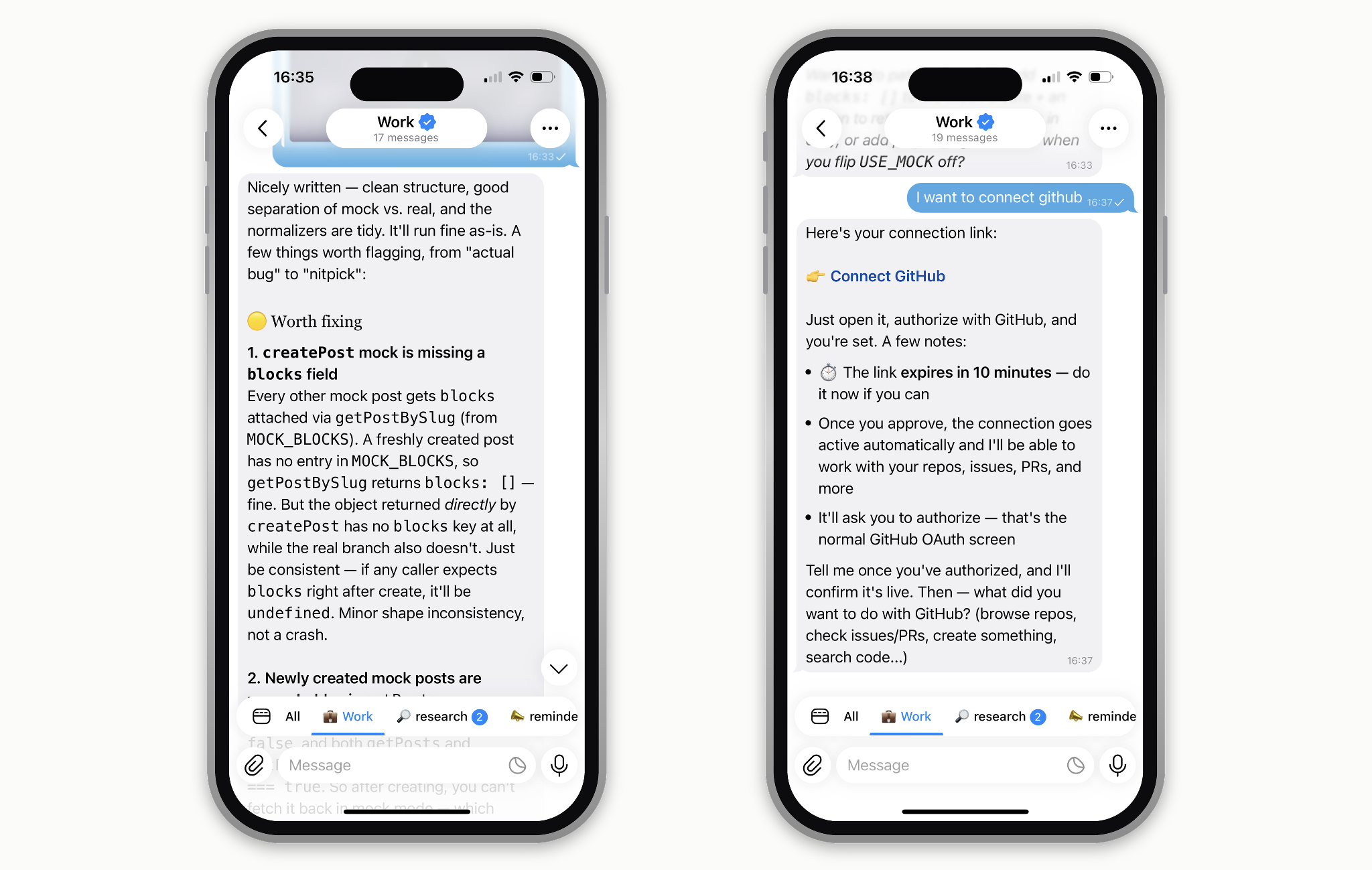 Mira AI coding agent in Telegram giving a structured code review