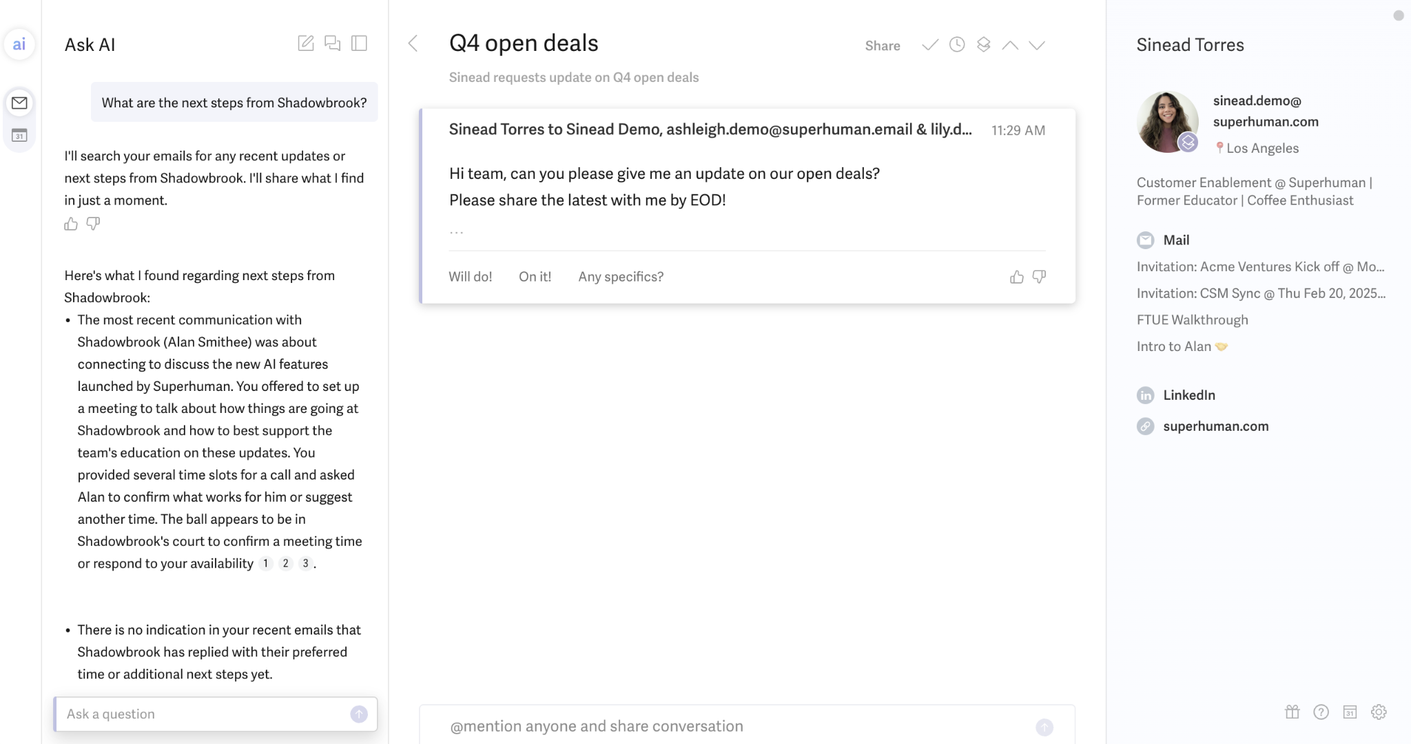 Superhuman AI email assistant answering an inbox question in the Ask AI panel