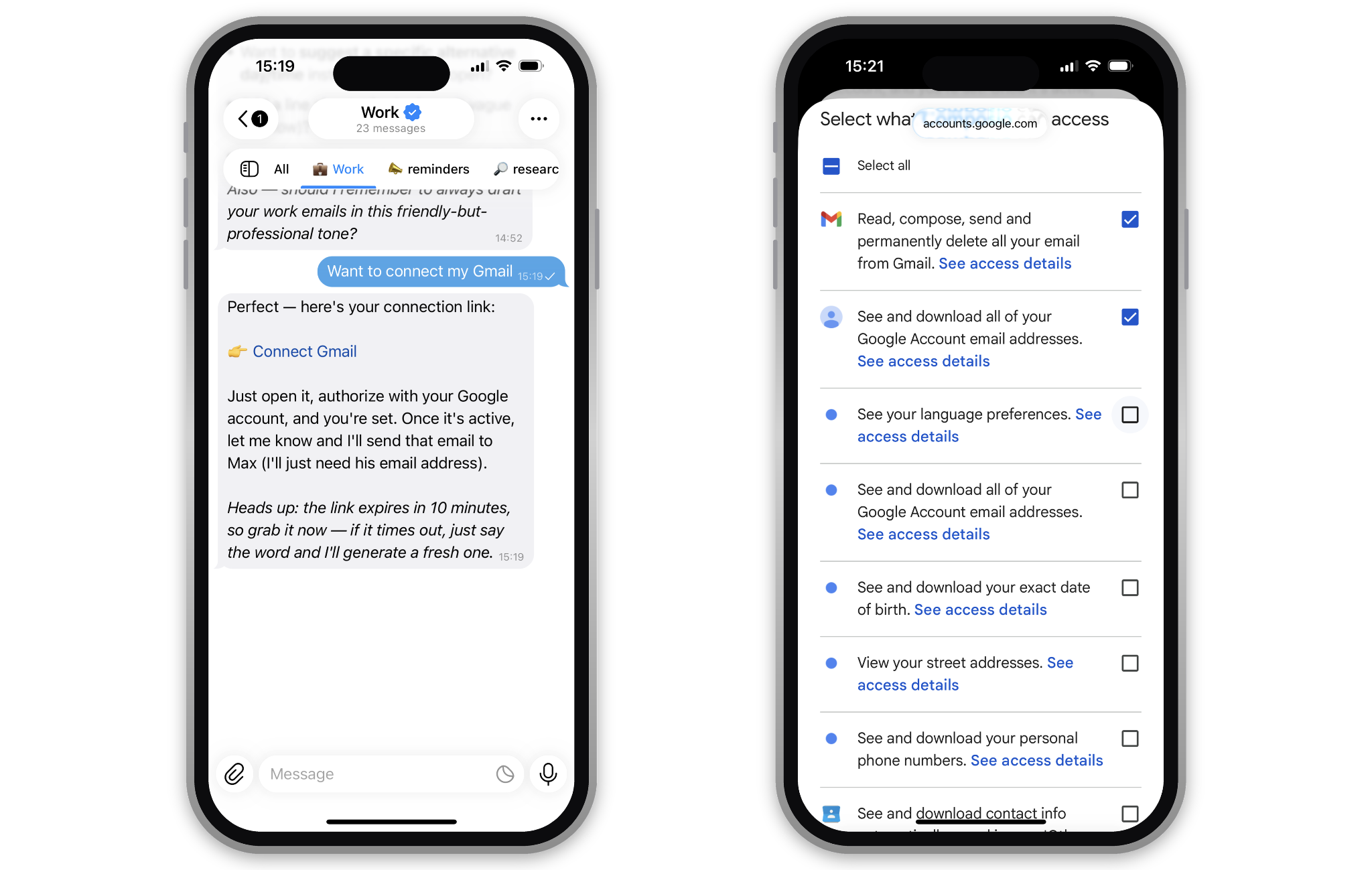 Mira AI email assistant Gmail connection flow with a Google permissions screen