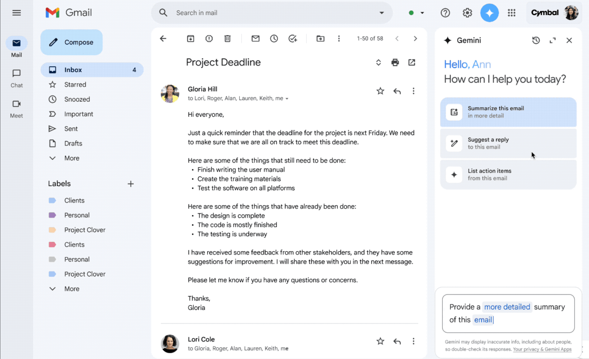 Gemini AI email assistant Gmail panel summarizing an open email thread