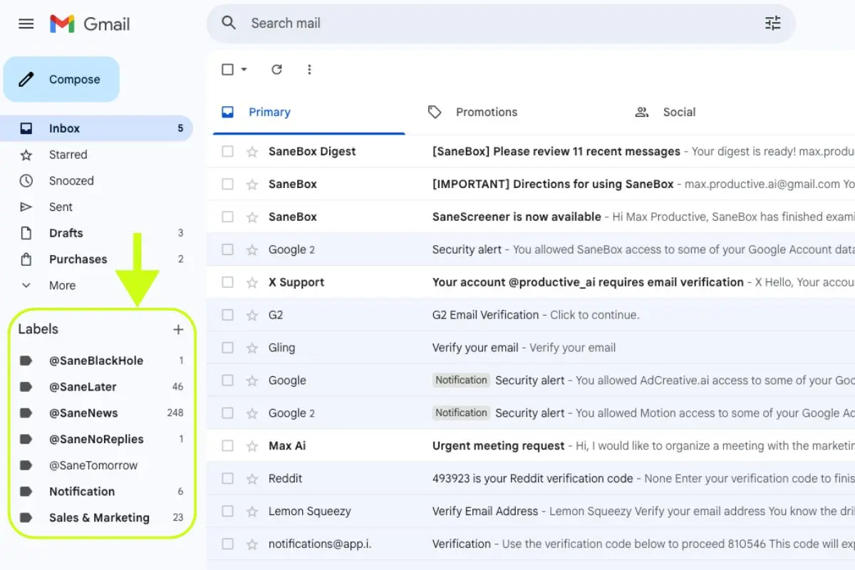 SaneBox AI email automation sorting a Gmail inbox into custom folders